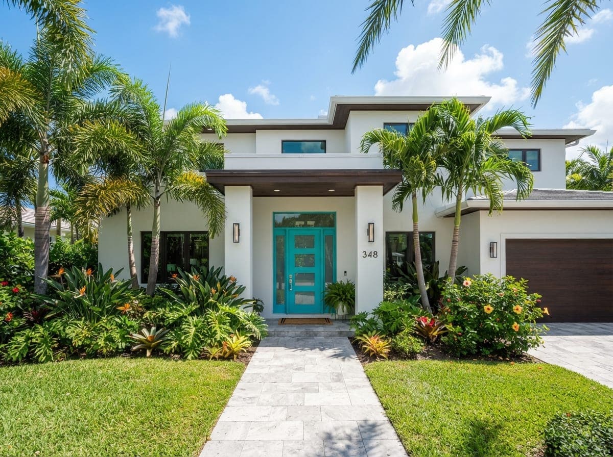 Bright modern South Florida home with a turquoise front door, the kind of home Lili Sunshine Cleaning serves
