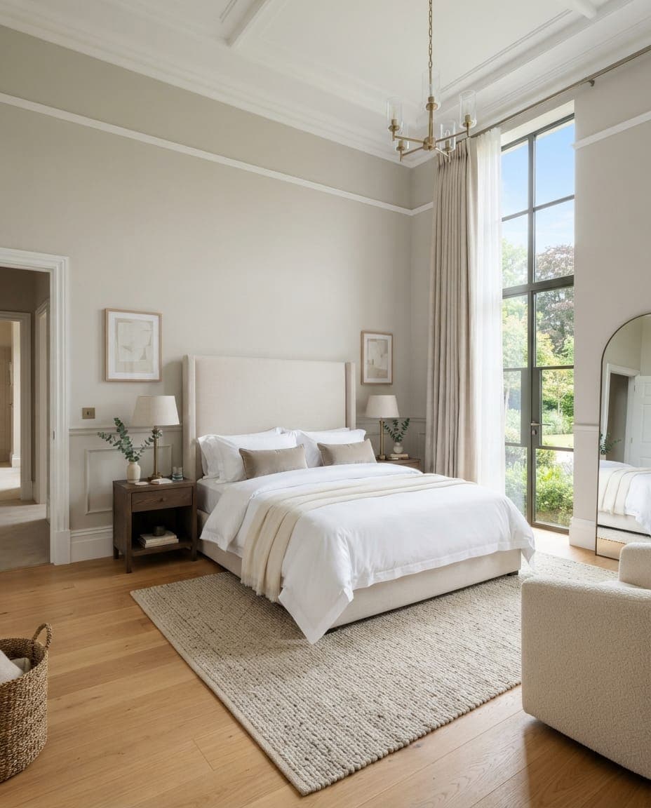 Tall view of professionally painted master bedroom with soft neutral walls and premium finish