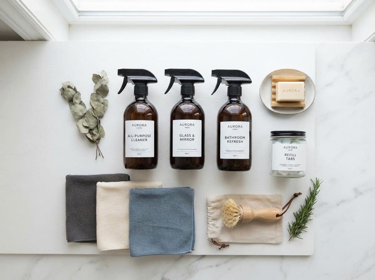 Professional cleaning supplies neatly arranged, representing Lili Sunshine Cleaning's attention to detail